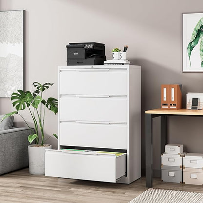 File Cabinet, 4 Drawer Metal File Cabinet with Lock, Lateral File Cabinet for Home and Office, Lateral File Cabinet for A4 Legal/Letter Size, Assembly Required (White, 4 Drawer)