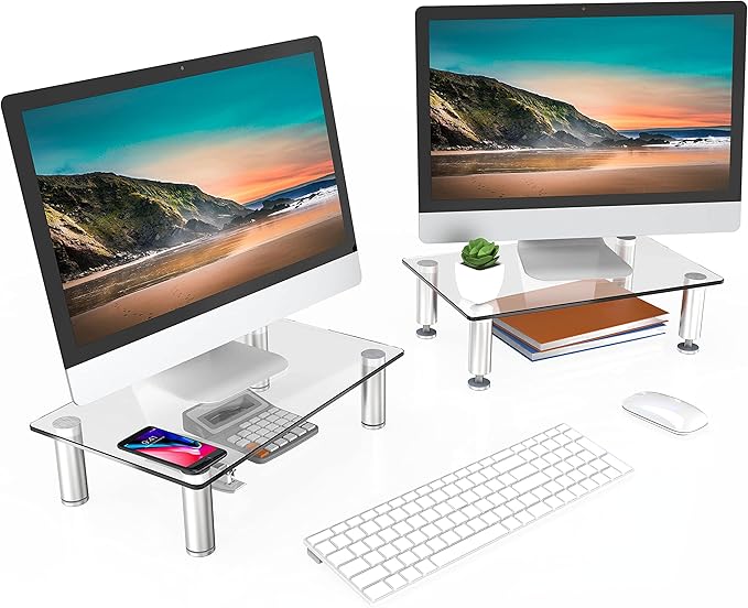 FITUEYES 2 Pack Monitor Stand –Adjustable Glass Computer Monitor Riser, Clear Desktop Stand for Laptop TV Computer Screen, Desk Organization, Office Supplies, DT103803GC