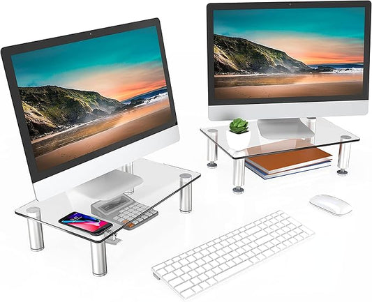 FITUEYES 2 Pack Monitor Stand –Adjustable Glass Computer Monitor Riser, Clear Desktop Stand for Laptop TV Computer Screen, Desk Organization, Office Supplies, DT103803GC