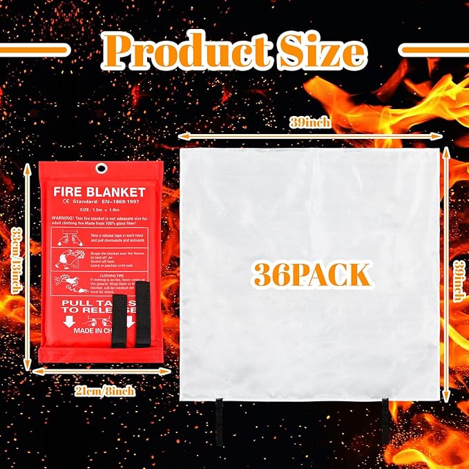 Jerify 36 Pcs Fire Blanket - Fiberglass Fire Emergency Flame Retardant Safety Fireproof Safety Suppression Cover Blanket for Kitchen, Home, Car and Office - 39 x 39 Inch (Red)