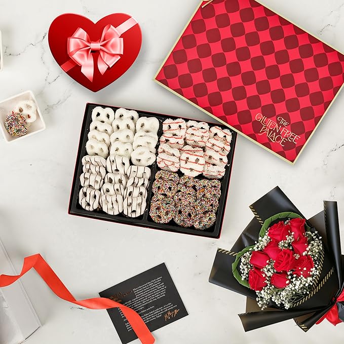 Gluten Free Palace Gourmet Holiday Gift Box – Chocolate Covered Pretzels, Gluten Free Christmas & Thanksgiving Treats, Snack Basket for Men & Women (4 Flavors)