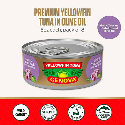 Genova Premium Yellowfin Tuna in Garlic and Tuscan Herb Infused Olive Oil, 5 Ounce Can (Pack of 12), Wild Caught, Solid Light