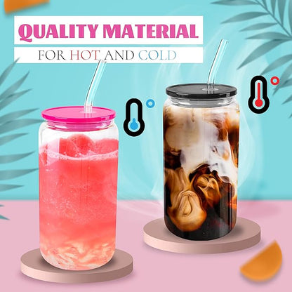 Joyclub 8pcs Glass Cups with Acrylic Lids and Straws 16 oz Can Shaped Glass Iced Coffee Cups with Lids and Straws, Cute Tumbler Cup Drinking Glasses for Smoothie Whiskey Boba Soda Tea Gift