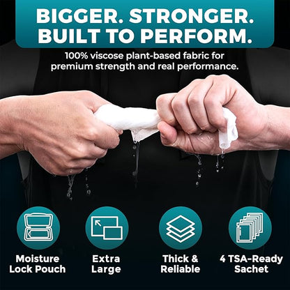 Travel Body Wipes for Men - 20 XL Shower Wipes for Adults Bathing No Rinse - Individually Wrapped 10”x10” Disposable Washcloths, Face Towels, Gym Mens Deodorant Sheets, Camping Essentials & Must Haves