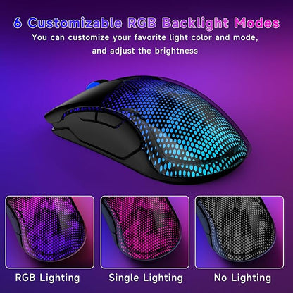 FFJ Master02 Wireless Gaming Mouse, 12000 DPI, Tri-Mode 2.4G/USB-C/Bluetooth 5.3 Gaming Mouse, Python Skin Texture RGB Backlit, 6 Programmable Buttons, 75Hr Battery Life for PC, Mac, PS5, XBOX - Black