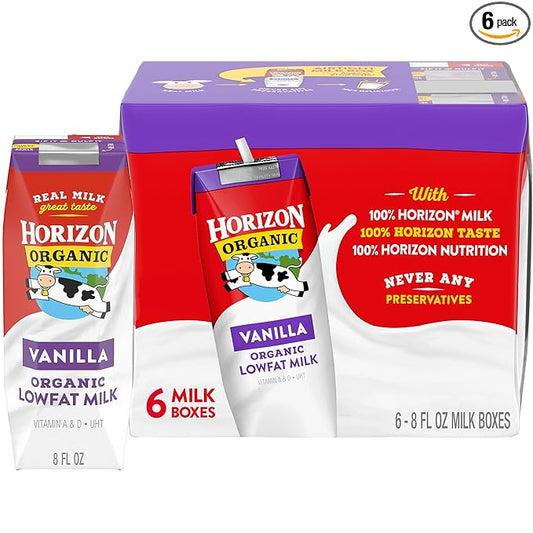 Horizon Organic Shelf Stable 1% Lowfat Vanilla Milk Boxes, 8 fl oz, 6 Count - 8g Protein per Serving, USDA Organic UHT, Ready to Drink for Lunchbox, Travel, or On-the-Go, No Refrigeration Needed