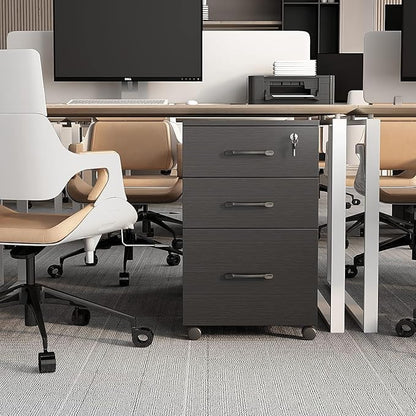 File Cabinet 3 Drawers with 1 Lock Wooden Rolling Mobile Filing Cabinet with Wheels for Home Office Under Desk File Cabinet Office Storage Cabinet, Black