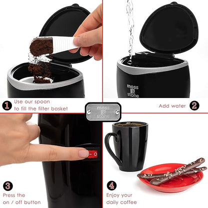 Moss & Stone Mini Drip Coffee Maker with Mug, Small Coffee Pot With Coffee Cup, One Cup Coffee Maker (1 Drip & 4oz Mug)