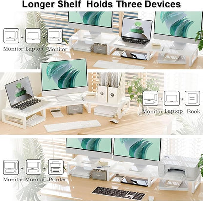 TEAMIX White Dual Monitor Stand Riser for 2 Monitors, Wood & Metal Stand Adjustable Length/Angle Shelf Triple Monitor Stand for Screens/PCs/Printers/Laptops Desktop Organizer