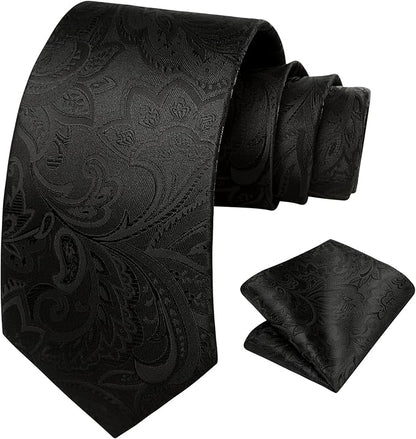 HISDERN Men Floral Ties Woven Classic 3.4" Necktie Set Formal Tie Pocket Square for Wedding with Handkerchief Gift Box