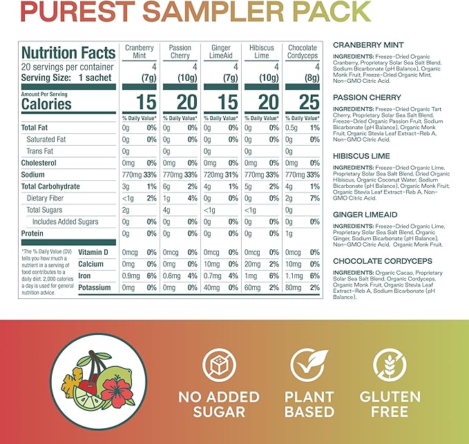 Organic Hydration Powder Packets with Solar Sea Salts & Organic Freeze-Dried Fruit for Instant Hydration, No Added Sugar Electrolytes, Variety - 20 Packets