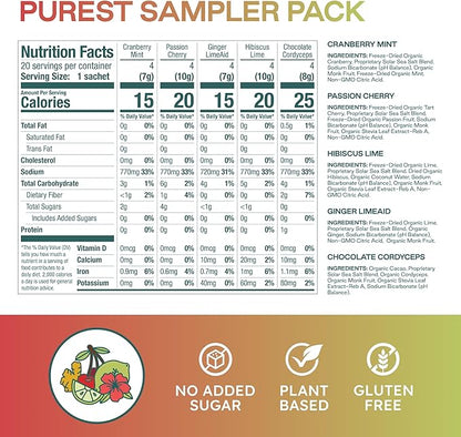 Organic Hydration Powder Packets with Solar Sea Salts & Organic Freeze-Dried Fruit for Instant Hydration, No Added Sugar Electrolytes, Variety - 20 Packets