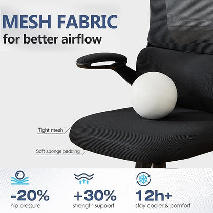 Ergonomic Mesh Office Chair, 400 lbs Capacity, High Back Desk Chair with Adjustable Lumbar Support, 3D Headrest, Flip-Up Armrests, and PU Wheels for Long Workdays and Home Office (Black)
