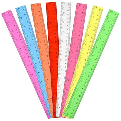 Clear Plastic Ruler 12 Inch Straight Rulers, Bulk Assorted Colors, Shatterproof Ruler with Inches and Centimeters for School Classroom, Home, or Office (8 Pack)