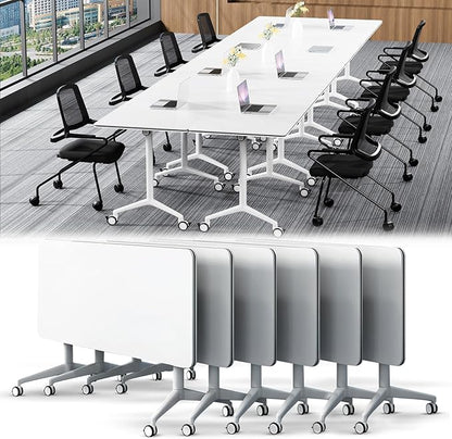 Conference Table,Folding Conference Table with Silent Wheels,Rectangular Business Conference Room Table,for Reception Offices Classrooms Meeting Training Room (6, White, 70.8in)