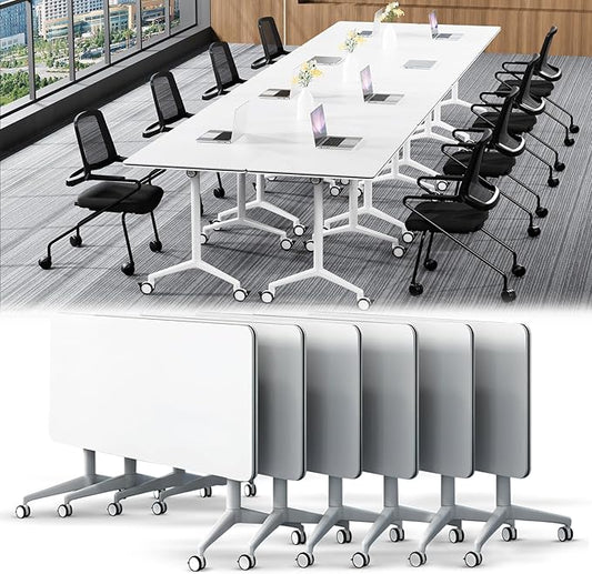 Conference Table,Folding Conference Table with Silent Wheels,Rectangular Business Conference Room Table,for Reception Offices Classrooms Meeting Training Room (6, White, 70.8in)