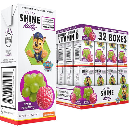 ShineWater Kids x Paw Patrol Vitamin D Grape Raspberry Juice Boxes | No Added Sugar | Naturally Flavored Drink for Kids | Vegan Gluten Free Hydration | 32 Pack