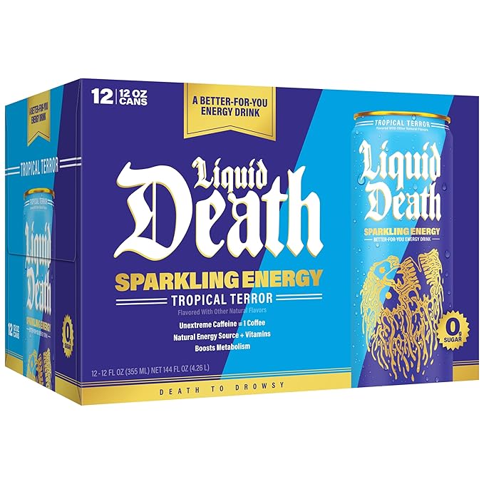 Liquid Death Tropical Terror, Piña Colada-Flavored Sparkling Energy, Sugar-Free Energy Drink, 100mg Caffeine, 12 Fl Oz (Pack of 12)