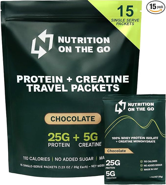Nutrition On The Go Whey Protein Isolate Packets with Creatine – 25g Protein + 5g Creatine – Single-Serve Travel Protein Powder – Chocolate (15-Pack)