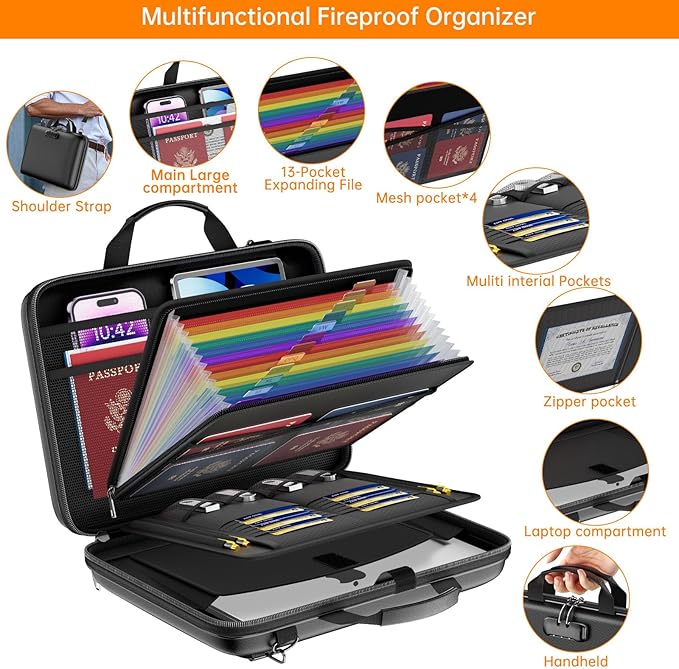 Fireproof Document Organizer with Lock,Hard-Shell Case Fireproof Document Box with Shoulder Strap,Portable File Organizer with 13 Pocket Accordion File Folder for Files Laptop Black