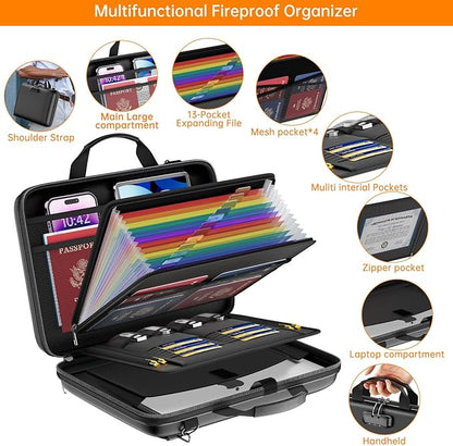 Fireproof Document Organizer with Lock,Hard-Shell Case Fireproof Document Box with Shoulder Strap,Portable File Organizer with 13 Pocket Accordion File Folder for Files Laptop Black