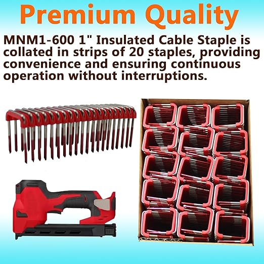 1" Insulated Cable Staples MNM1-600 fit Milwauke Cable Stapler Gun M12 2448-20 for to Wood Surfaces - Fit Milwauke Staples 600 per Box (Cable Staples-600)