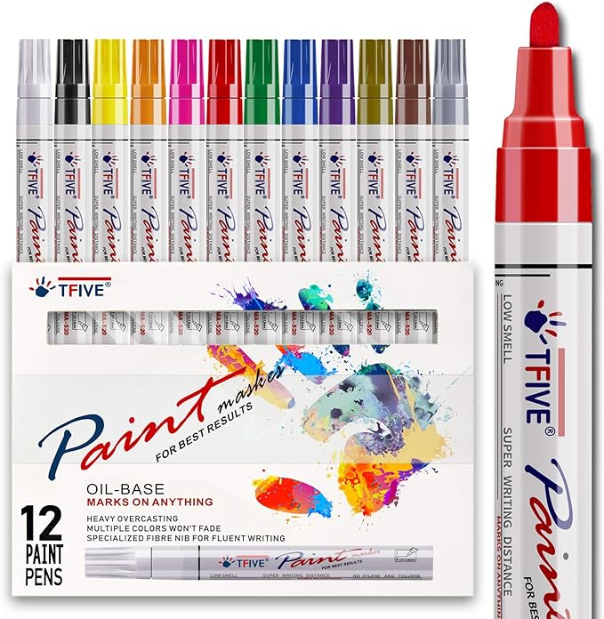 TFIVE Paint Pens Paint Markers Never Fade Quick Dry and Permanent, 12 Color Oil-Based Waterproof Marker Pen Set for Rock Painting, Ceramic, Wood, Fabric, Plastic, Canvas, Glass, Mugs