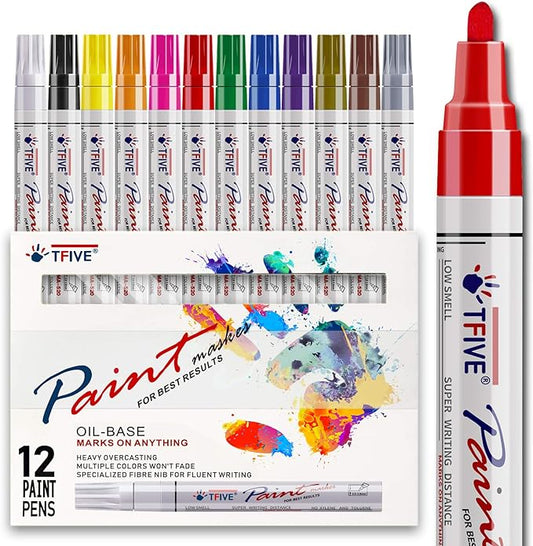 TFIVE Paint Pens Paint Markers Never Fade Quick Dry and Permanent, 12 Color Oil-Based Waterproof Marker Pen Set for Rock Painting, Ceramic, Wood, Fabric, Plastic, Canvas, Glass, Mugs