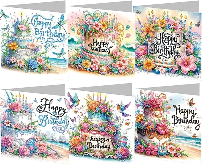 6PCS Diamond Art Painting Greeting Cards,Happy Birthday Cards with Envelopes,DIY Card Making Kits Thank You Card Arts Crafts for Birthday