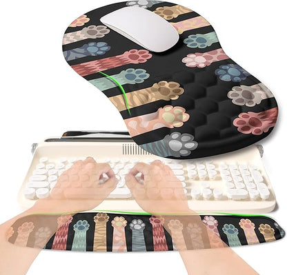 2-in-1 Ergonomic Set, Wave Rise Keyboard Wrist Rest and Massage Bulge Slope Mouse Pad Wrist Support, Cushion Memory Foam Integrated to Relieve Wrist Pain, Multicolour Cat Claws