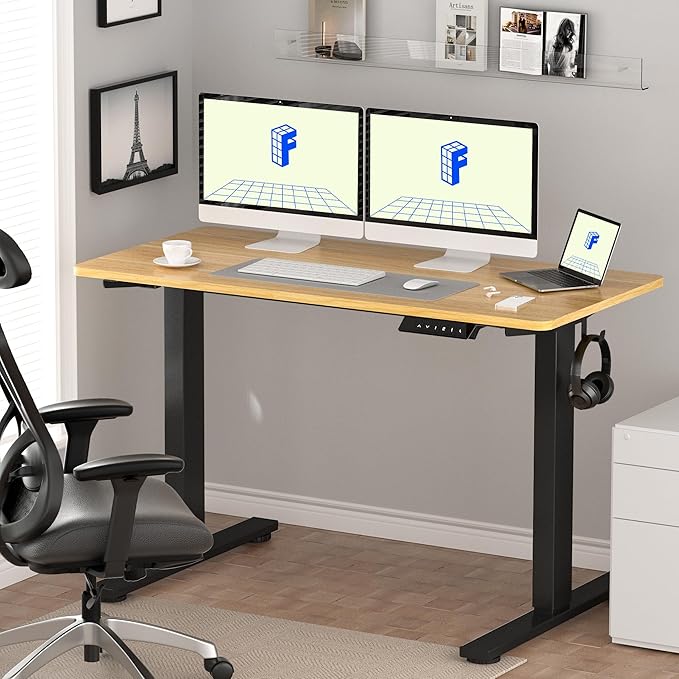 FLEXISPOT EN1 Whole-Piece Standing Desk, 60"x24" Electric Sit Stand Desk for Home Office (Black Frame + Maple Top, 2 Packages)