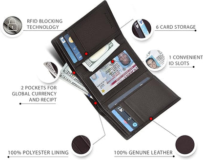 Real Leather Mens Trifold Wallet RFID Blocking Slim Minimalist Front Pocket - Thin & Stylish with ID Window in Gift Box