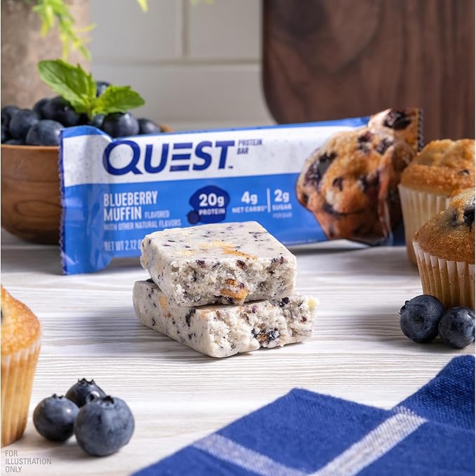 Quest Nutrition Blueberry Muffin Protein Bars, 20g Protein, 2g Sugar, 5g Net Carb, High Fiber, Gluten Free, Keto Friendly, 12 Count