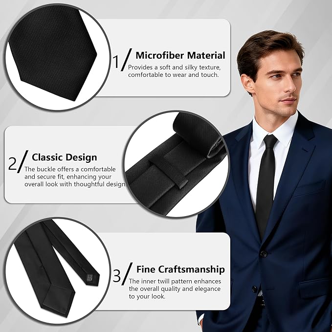 Fineknot Black Ties for Men, Formal Neckties for Men, Solid Color Mens Ties for Business, Wedding, Party, Mens Neck Tie