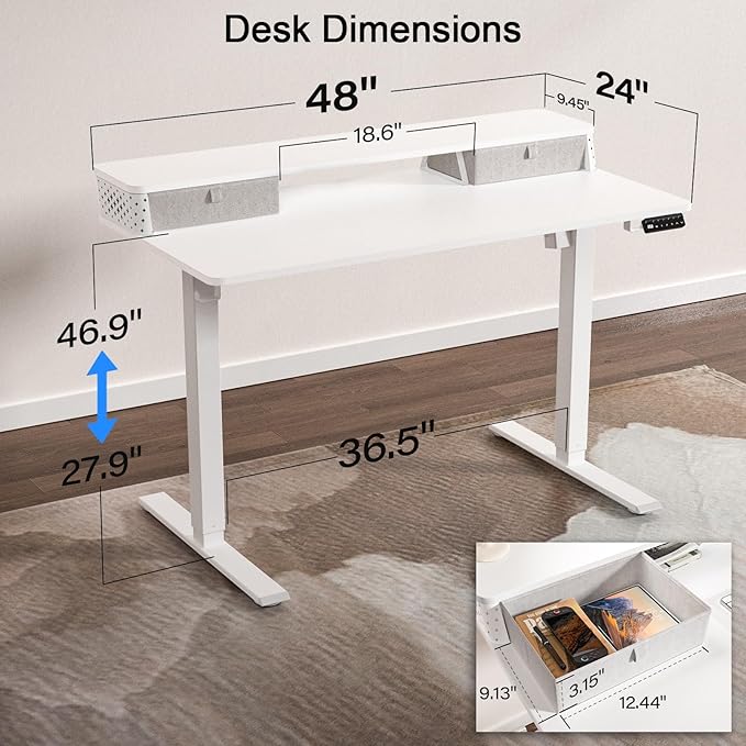 48 x 24 Inch Standing Desk with 2 Drawers, Easily Assembled Height Adjustable Desk, Ergonomic Sit to Stand Electric Desk for Home Office Workstation, White