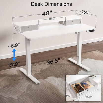 48 x 24 Inch Standing Desk with 2 Drawers, Easily Assembled Height Adjustable Desk, Ergonomic Sit to Stand Electric Desk for Home Office Workstation, White