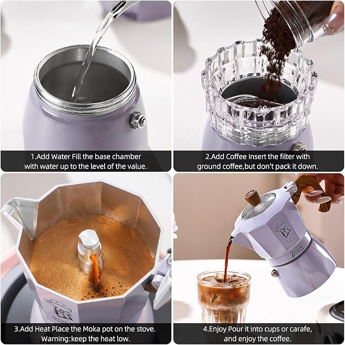 Bincoo Espresso Maker Stovetop - 2 Cup/120ML Small Stove Top Espresso Italian Coffee Maker, Camping Moka Pot- Portable, Ideal for Home and Camping (Purple)