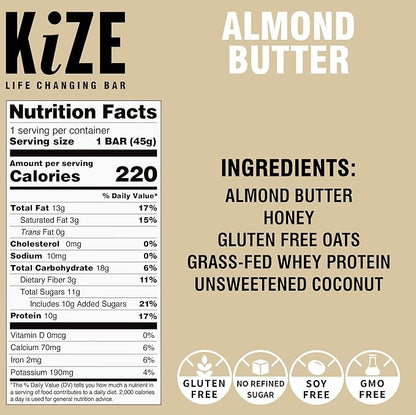 KiZE Energy Bars - Almond Butter - 20 Count - Almond-Butter-Based, Gluten Free, Non-GMO, and High Protein Meal Replacement Energy Bars, Clean and Simple Food Ingredients - 10g High Protein Snacks (20 Count)
