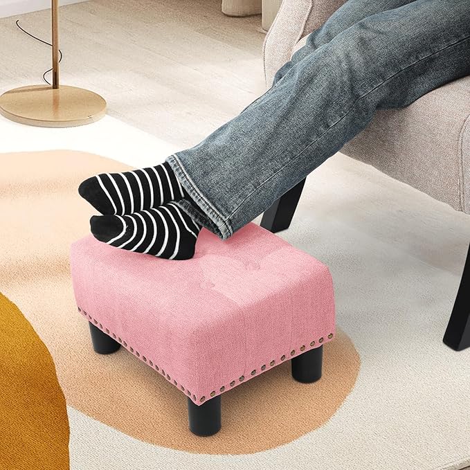 Athena Collection Small Ottoman Foot Rest with Legs, Linen Fabric Ottoman Foot Stool with Soft Padded seat, Square Footstool FootRest for Living Room, Bedroom, Office, Pink