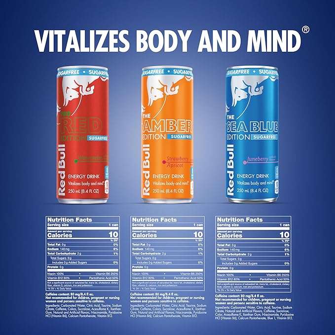 Red Bull Sugar-Free Energy Drink Variety Pack, Energy Drink, Red, Amber, & Sea Blue with 80mg Caffeine plus Taurine & B Vitamins, 8.4 Fl Oz, Pack of 12 Cans