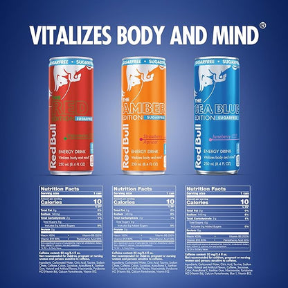 Red Bull Sugar-Free Energy Drink Variety Pack, Energy Drink, Red, Amber, & Sea Blue with 80mg Caffeine plus Taurine & B Vitamins, 8.4 Fl Oz, Pack of 12 Cans