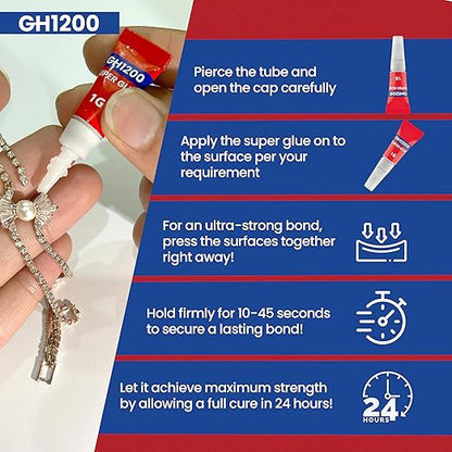 GH1200-1 Gram (Pack of 48) Single-Use Super Glue All Purpose, Super Fast, Thick & Strong Adhesive Superglue, Cyanoacrylate Glue for Hard Plastics, DIY Craft, Ceramics, Frame, Leather, Metal, Etc