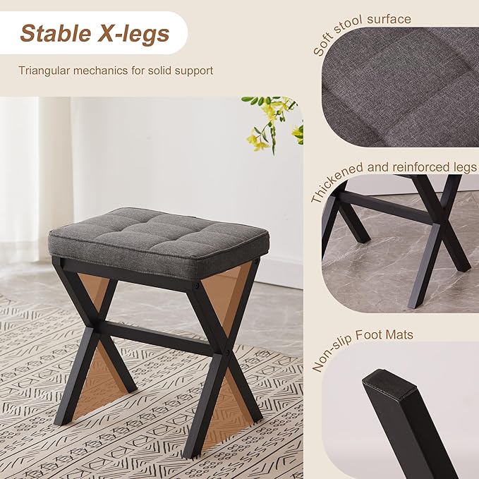 FILWH Bamboo Foot Rest Ottoman - Small Padded Desk Foot Stool for Office & Vanity - Black Legs + Gray