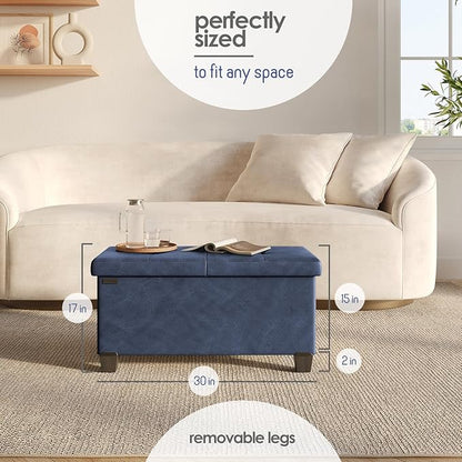 STORAGEBUD Storage Ottoman Bench with Bins, 30-in Storage Bench for Bedroom End of Bed, Folding Foot Rest Ottoman for Living Room Max 660lbs, Faux Leather Ottomans, Blue