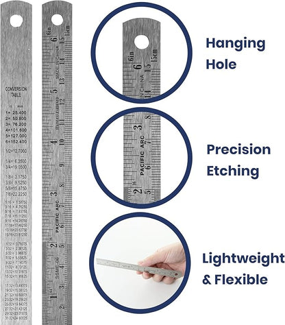Pacific Arc 6 Inch Stainless Steel Ruler with Inch/Metric Conversion Table, 2 Pack