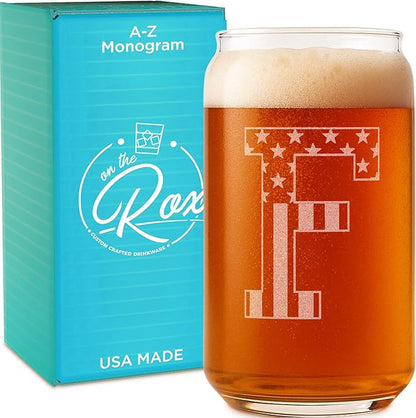 Monogram Beer Glasses for Men (A-Z) 16 oz - Beer Gifts for Men Brother Son Dad Neighbor - Unique Gifts for Him - Personalized Drinking Gift Beer Glass Mugs - Engraved Beer Can Glass (F)