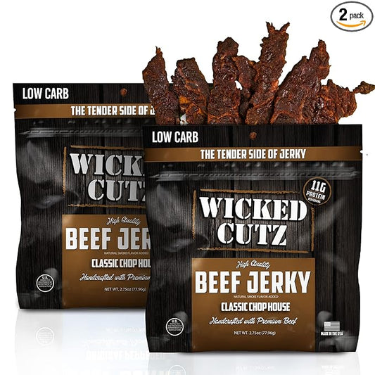 Wicked Cutz Classic Chop House Beef Jerky, 33g Protein Per Bag, Tender & Easy to Chew Alternative to Beef Sticks, USA Made High Protein Carnivore Snacks (2 Bags)