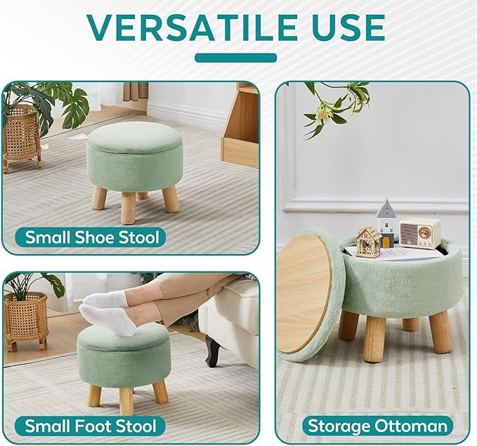 Small Foot Stool Ottoman with Storage, Faux Fur Ottoman Foot Rest for Couch, Round Footstool with Storage, Small Ottomans and Footstools for Living Room and Entryway (Light Green)