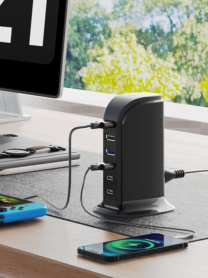 USB Charger, Charging Station for Multiple Devices 45W, Fast Charging Blocks with Dual Type C Ports, 4 USB Charging Hub Organizer Multiport for iPhone, Ipad, Smartphones, Travel Accessories