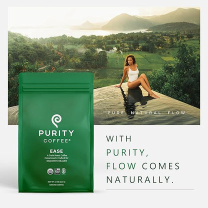 Purity Coffee EASE Dark Roast Ground Coffee for Low Acidity - USDA Organic and Third-Party Tested for Antioxidants, Mold, Mycotoxins and Pesticides - 12oz (Purity Ease, dark_roast) | Ground| EASE